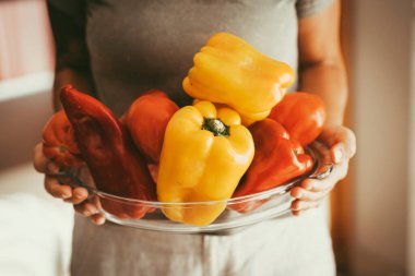 Kadın ellerinin renkli biberlerle dolu bir tabağı kapalı bir yerde tutması. Karım evde sebze hazırlayıp pişirmeye hazır. Sağlıklı gıda yaşam tarzı ve vejetaryen beslenme kavramı. Çiftlik ürünleri