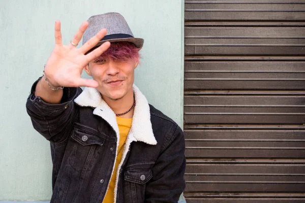 Young Male Boy Smile Put His Hand Stop Protect Protest — Stock Photo, Image