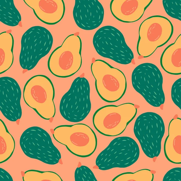 Avocado seamless pattern. Hand drawn fruit and sliced pieces. Summer tropical endless background. Vector fruit design for label, fabric, packaging
