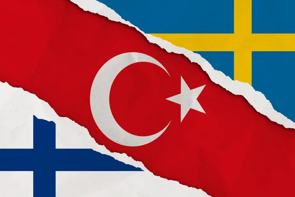 Turkey, Finland and Sweden flag ripped paper grunge background. Abstract NATO membership, politics conflicts, war concept texture background