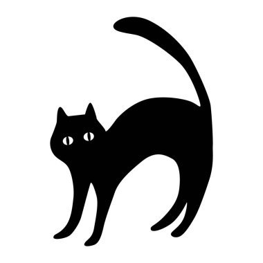 Siyah kedi silueti, beyaz arka planda gözlerden uzak. Beyaz arka planda bir kedinin silüeti