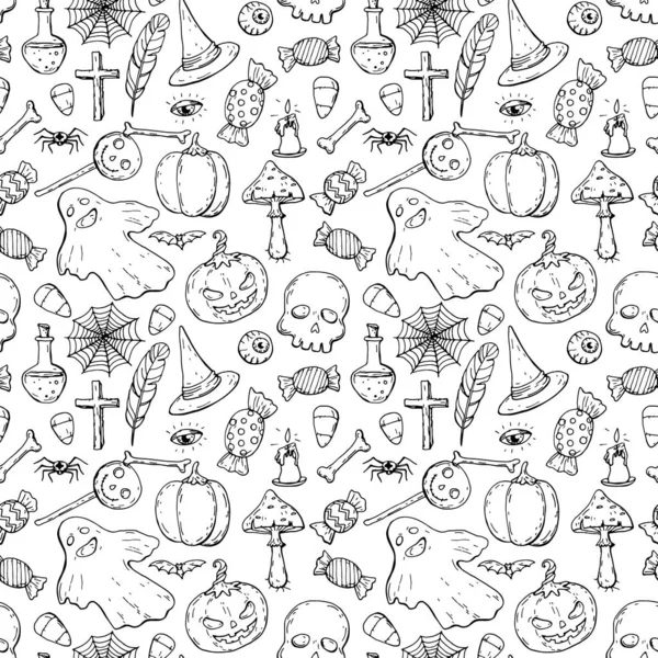 Halloween Padrão Tinta Preto Branco Sem Costura Estilo Doodle —  Vetores de Stock