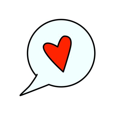 Konuşma baloncuğu çiziminde kalp. Çocuk çizim tarzı. El çizimi çizimi, düz tasarım