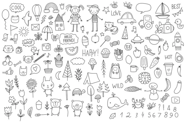 Conjunto Desenhado Mão Rabiscos Bonitos Para Criança Doodle Engraçado Mão —  Vetores de Stock