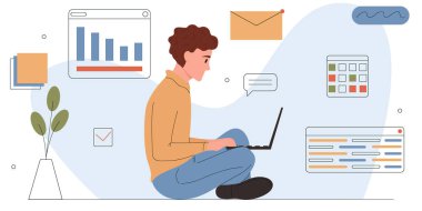 Yazılım veya web geliştirme ile uğraşan bir adam. Genç serbest programcı bir dizüstü bilgisayar üzerinde çalışıyor. IT uzmanı karakter bir kodlama, yazılım veya uygulama yaratıyor. Düz vektör illüstrasyonu