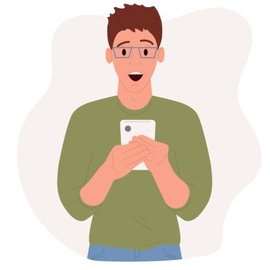 Genç adam, yüzünde şaşırmış bir ifadeyle, elinde akıllı bir telefon tutuyor. Çizgi film çizimi çizimi..