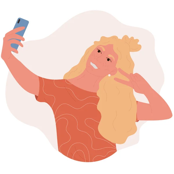 Personagem Vetorial Tirando Uma Selfie Seu Smartphone Young Mulher Usando — Vetor de Stock