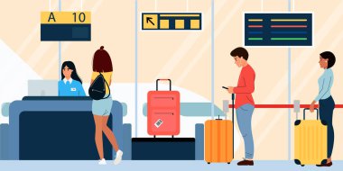 Group of people are queuing up to board the plane.  Passengers with luggage are checked in at the airport.  Vector illustration design in flat style