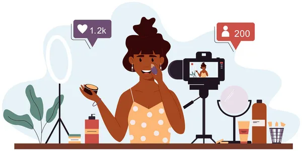 Blogueuse Vidéo Populaire Enregistre Une Revue Vidéo Cosmétiques Aide Une — Image vectorielle