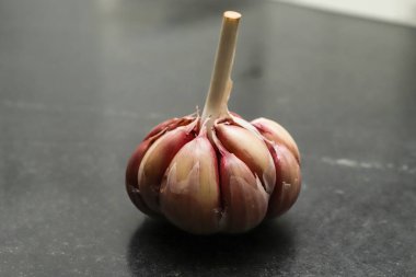 Sarımsak kafalar (Allium sativum) hala ampulde, siyah grantin tabanında koyu bir ışık ve bazı beyaz işaretler var.