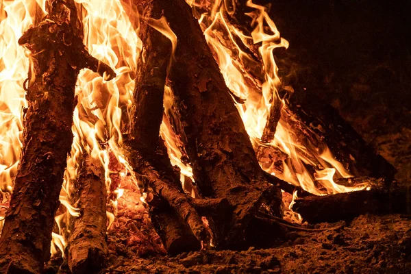 Ateşin Turuncu Rengindeki Şeklini Vurgulayan Şenlik Ateşi Kütükler Ahşap Yakılıyor — Stok fotoğraf