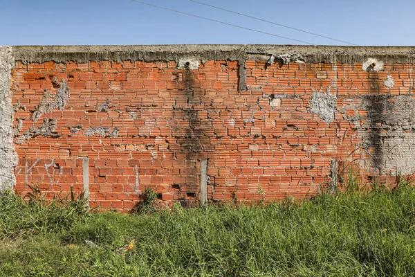 Duvarı Alçıyla Kaplanmış Bazı Tuğlalar Zamanın Belirtileriyle Temeline Yeşil Bir — Stok fotoğraf