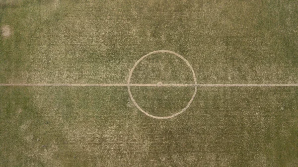 Vista Drone Campo Futebol Círculo Central Com Linhas Tortas Grama — Fotografia de Stock