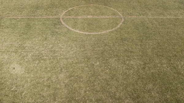 Vista Drone Campo Futebol Círculo Central Com Linhas Tortas Grama — Fotografia de Stock