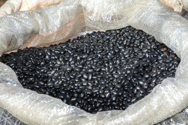 Bag of yarn with organic black beans in bulk with some irregularly shaped grains and a light dirt.