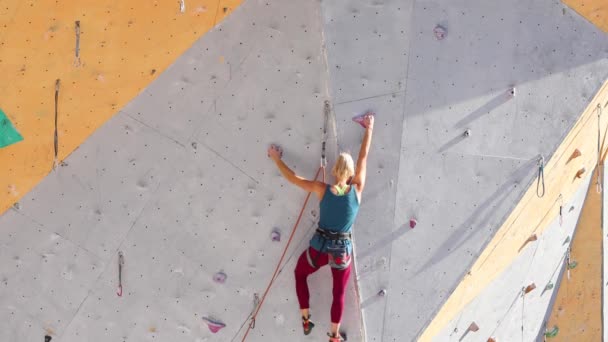 Menina está envolvida em escalada — Vídeo de Stock