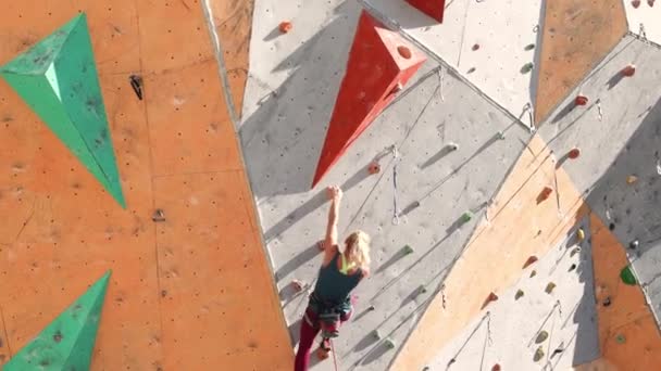 Menina bonita sobe a parede de escalada — Vídeo de Stock