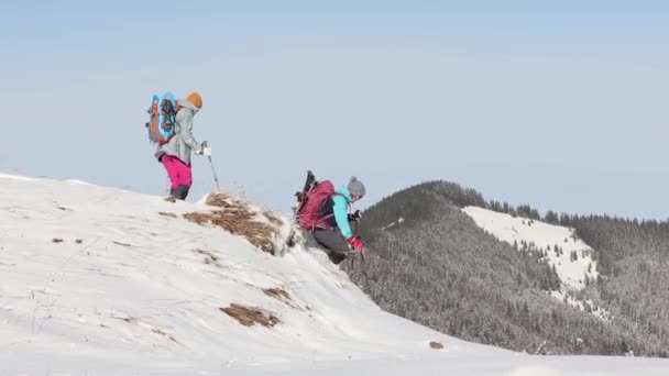 Twee vrouwen lopen in sneeuwschoenen in de sneeuw — Stockvideo