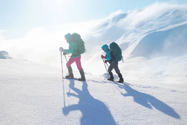 Karda Kar Ayakkabılarıyla Yürüyen Iki Kadın Kış Yürüyüşü Yapan Iki — Stok fotoğraf