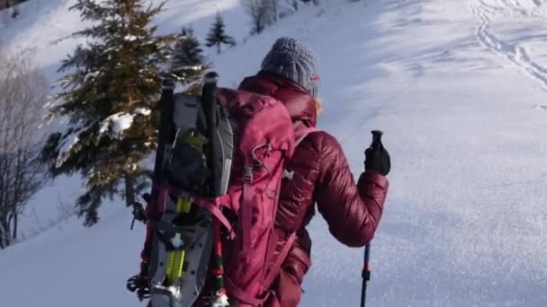 Een vrouw loopt in sneeuwschoenen in de sneeuw, winterwandelen — Stockvideo