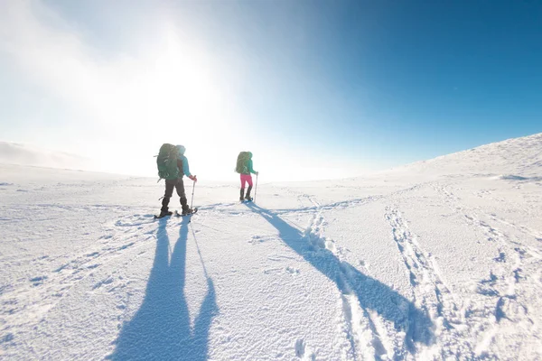 Duas Mulheres Andam Sapatos Neve Neve Trekking Inverno Duas Pessoas — Fotografia de Stock