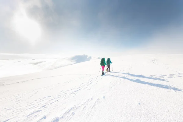 Två Kvinnor Går Snöskor Snön Vintervandring Två Personer Bergen Vintern — Stockfoto