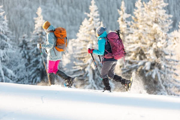 两名妇女穿着雪鞋在雪地里行走 冬季徒步旅行 两名男子穿着登山装备在山上行走 — 图库照片