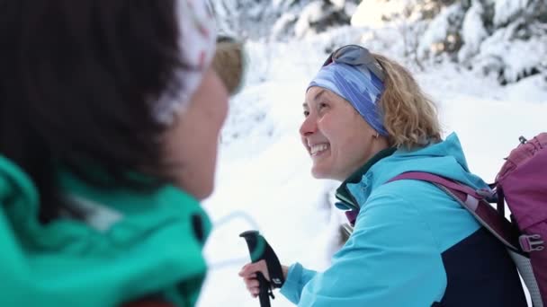 Duas mulheres no inverno trekking — Vídeo de Stock