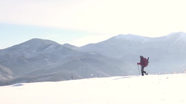 Женщина ходит в снегоступах по снегу, в зимних походах — стоковое видео