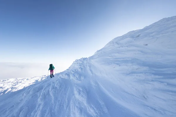 女性は雪の中でスノーシューズを歩く 冬のトレッキング 冬の山の中で一人 ハイキング機器 — ストック写真