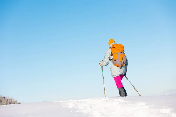一个女人穿着雪鞋在雪地里行走 一个人在冬天徒步旅行 一个人在山上爬山 带着登山装备 — 图库照片