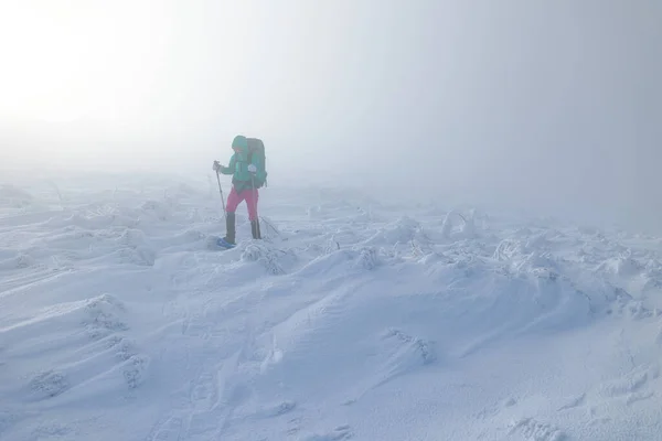 Una Mujer Camina Raquetas Nieve Trekking Invierno Durante Niebla Una — Foto de Stock