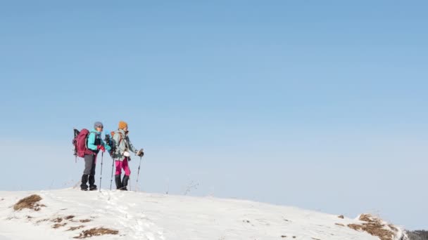 Dwie kobiety wspięły się na szczyt góry podczas zimowej wędrówki — Wideo stockowe