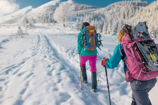 两名妇女背着雪鞋走路 冬天徒步旅行 两名男子冬天在山上徒步旅行 带着登山装备 — 图库照片