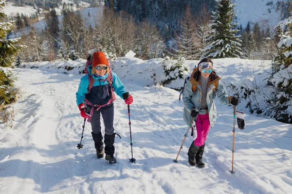 Two Women Walk Snow Winter Trekking Two People Mountains Winter — Stock Photo, Image