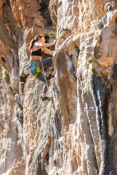 一个女人爬上岩石 自然地形训练 极限运动 登山者靠一种自然的救济进行训练 一个年轻的女人带着绳子进去参加攀岩运动 — 图库照片