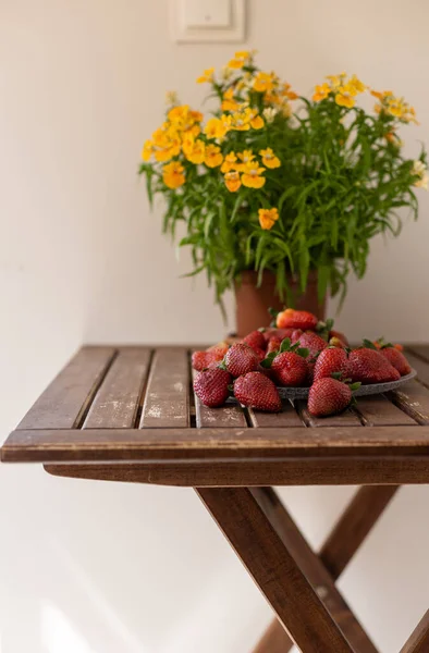 Ripe Strawberries Potted Plant Wooden Table Berry Harvest Delicious Natural — Stock Photo, Image