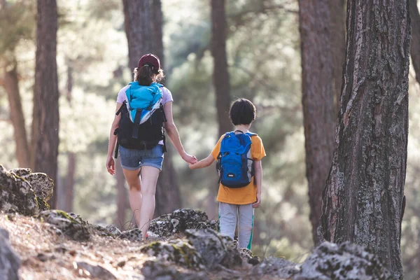 Woman Her Child Walk Mountain Trail Boy Backpack Travels His — Stock Fotó