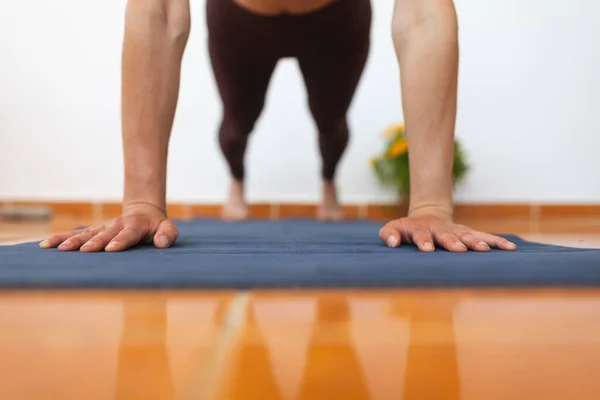 Woman Doing Yoga Home Slim Girl Doing Exercises Stretching Exercises — стоковое фото