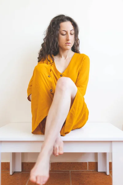 Portrait Sad Woman Yellow Dress Pensive Brunette Sad Mood Melancholy — Stock Fotó