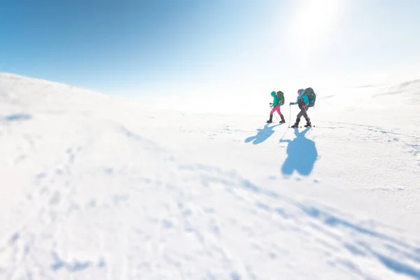 Dvě Ženy Chodí Sněžnicích Sněhu Zimní Trekking Dva Lidé Horách — Stock fotografie