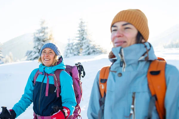 Két Hátizsákos Sétál Hóban Télen Túráznak Télen Két Ember Van — Stock Fotó