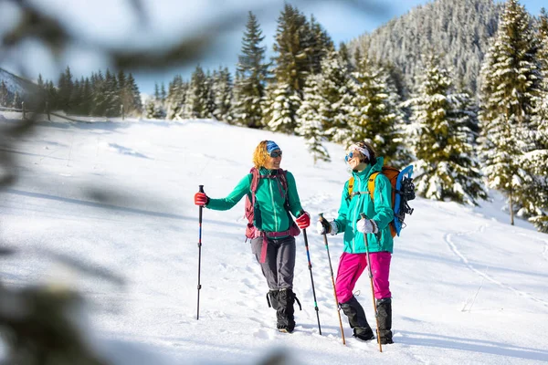 Zwei Frauen Gehen Bei Einer Winterwanderung Durch Den Schnee Zwei — Stockfoto