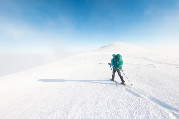 Eine Frau Geht Mit Schneeschuhen Schnee Winter Trekking Winter Den — Stockfoto