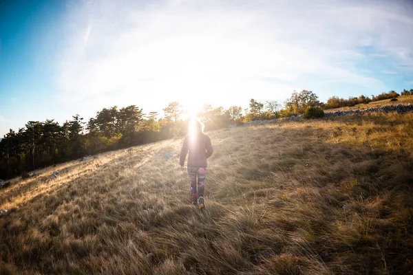 Dziewczyna Chodzi Łące Zachodzie Słońca Chodzić Przyrodzie — Zdjęcie stockowe