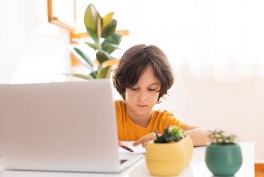 Çocuk evde video öğretmeniyle, evde, evde, uzaktan öğrenme, çevrimiçi eğitim, çevrimiçi ders alan çocuk, uzaklık eğitimi ve internet üzerinden öğrenim görüyor.