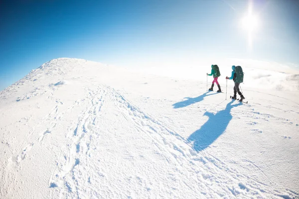 Дві Жінки Ходять Снігопадах Снігу Взимку Ходять Походи Дві Людини — стокове фото