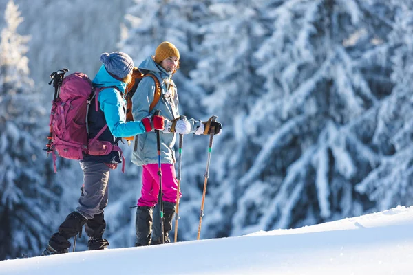 两个女人在雪地里走着过冬 两个女人在山里走着过冬 带着远足装备和雪鞋 — 图库照片