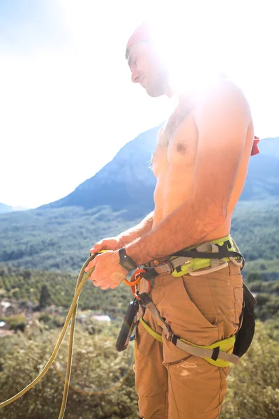 Climber Insures His Partner Training Outdoors Sports Held Open Air — Stock Photo, Image