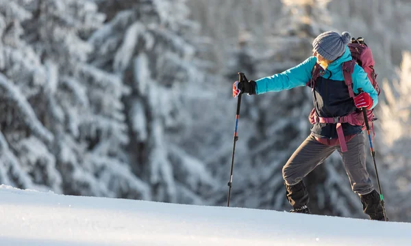 여자가 신발을 여행을 겨울에 장비를 가지고 등산을 — 스톡 사진